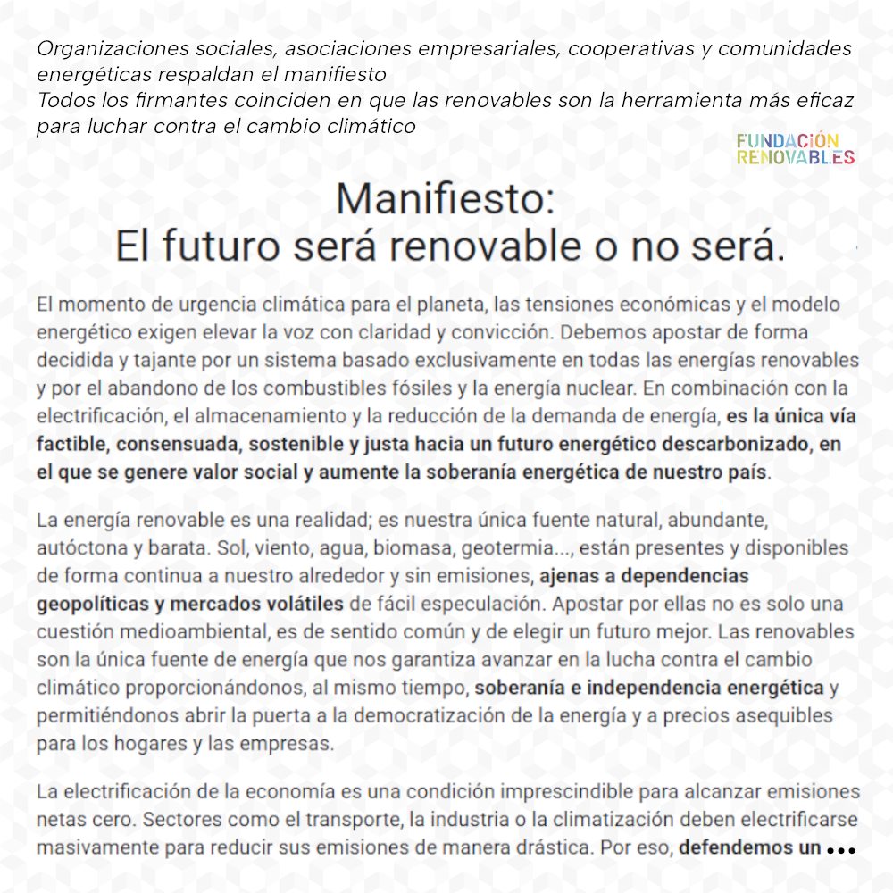 Featured image for “Manifiesto «El futuro será renovable o no será»”